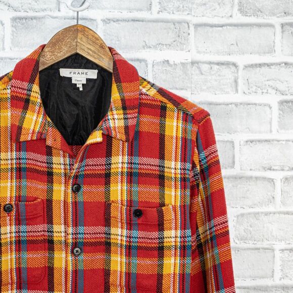 FRAME Denim Men's Button up Flannel Shirt Jacket in Dark Rouge multi cotton sz S - Picture 7 of 8
